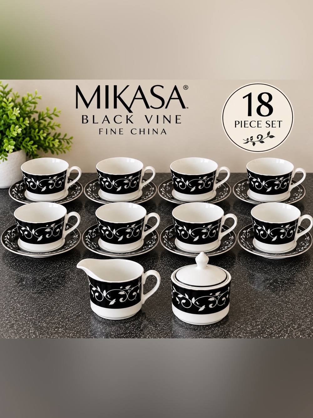 Mikasa Black Vine Fine China 18 Piece Coffee Tea Set Cups Saucers Creamer Sugar